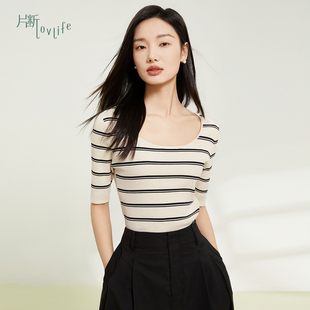 修身 片断毛针织衫 短袖 女夏季 显瘦软糯条纹甜酷设计感上衣 新款