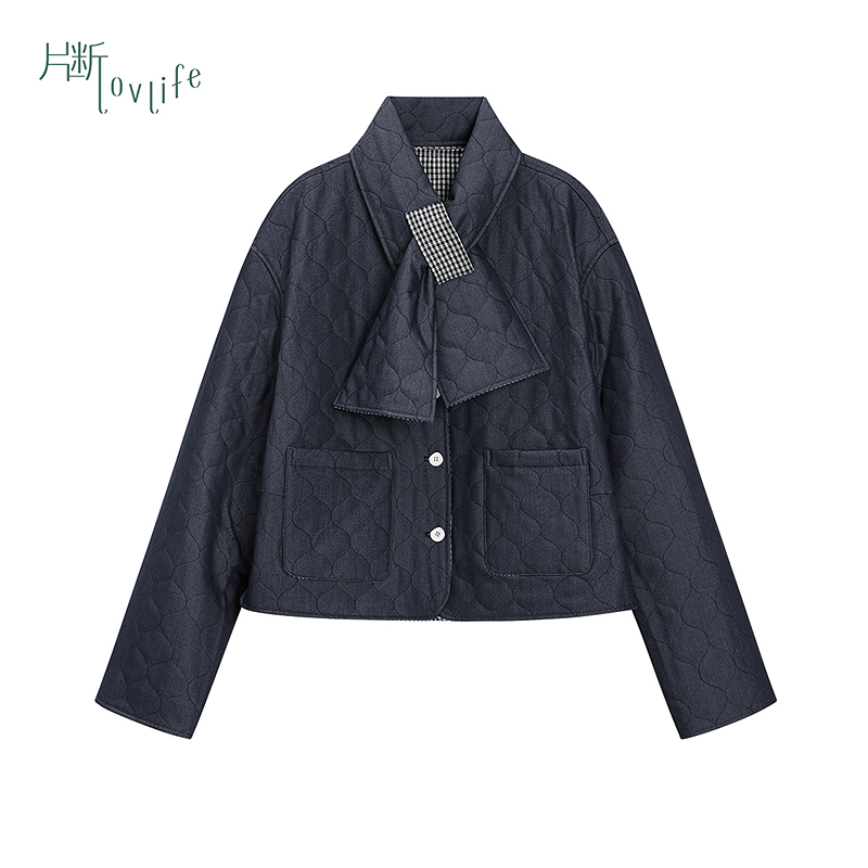 片断棉服女冬季新款圆领气质通勤宽松保暖正反两穿格子外套