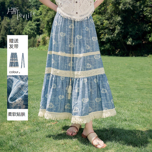 片断半身裙女夏季新款度假风文艺减龄a字长裙拼接蕾丝蛋糕裙
