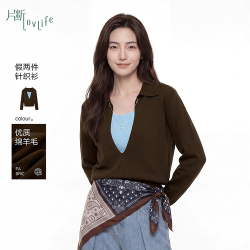 片断毛衣女秋季新款简约气质撞色松弛假两件百搭小个子上衣