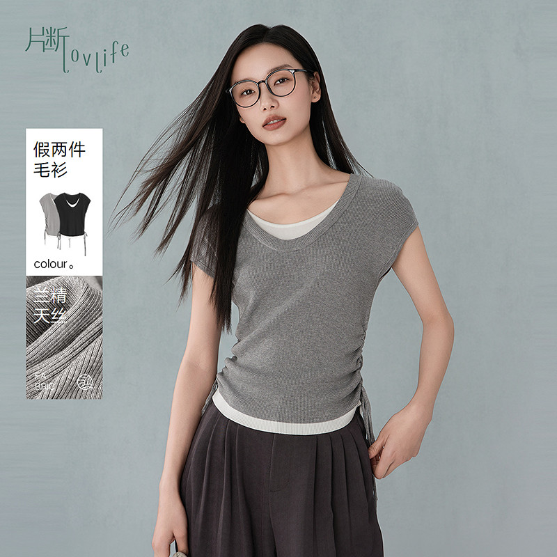 片断毛针织衫女夏季新款圆领假两件休闲文艺气质减龄掐腰上衣图片