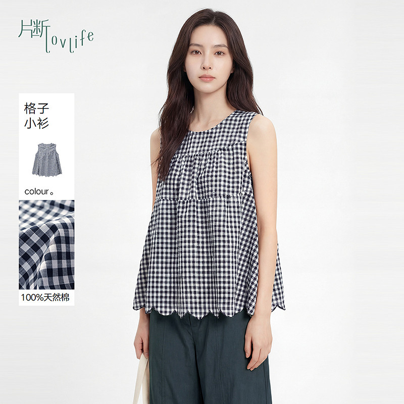 片断衬衫女夏季新款圆领无袖露肩复古文艺时尚减龄格子上衣