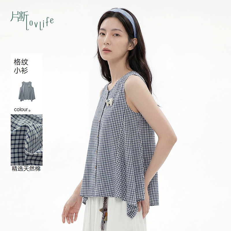 片断衬衫女夏季新款圆领无袖宽松森系文艺不规则小众格子衬衣图片