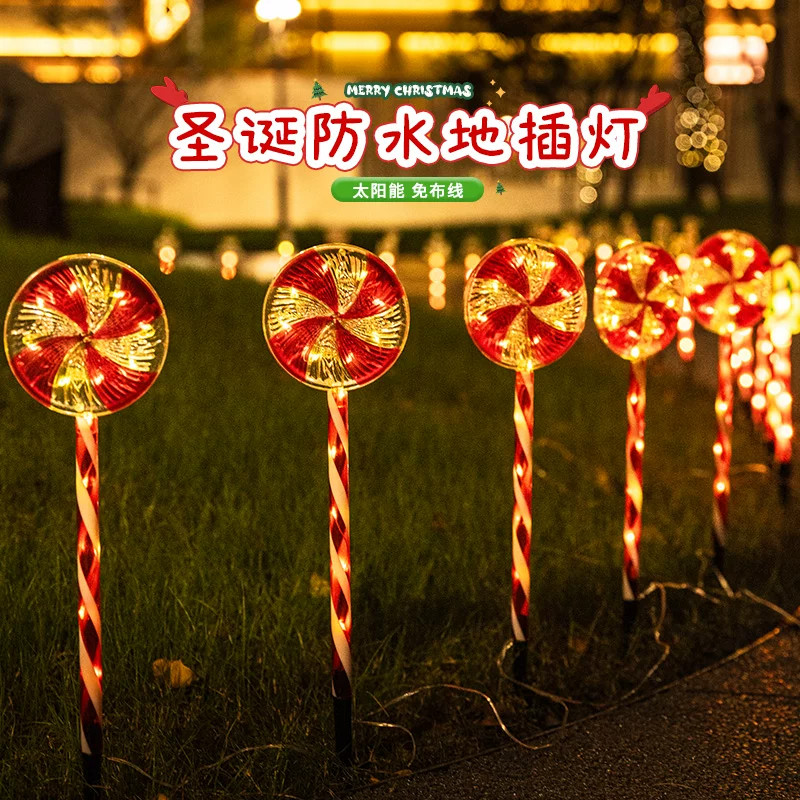圣诞节旋转棒棒糖雪人地插灯太阳能免布线户外装饰灯防水草坪灯串