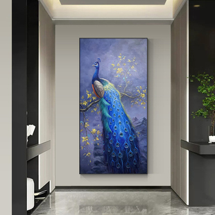 入户玄关走廊过道轻奢挂画 蓝孔雀纯手绘油画紫气东来装 饰画新中式