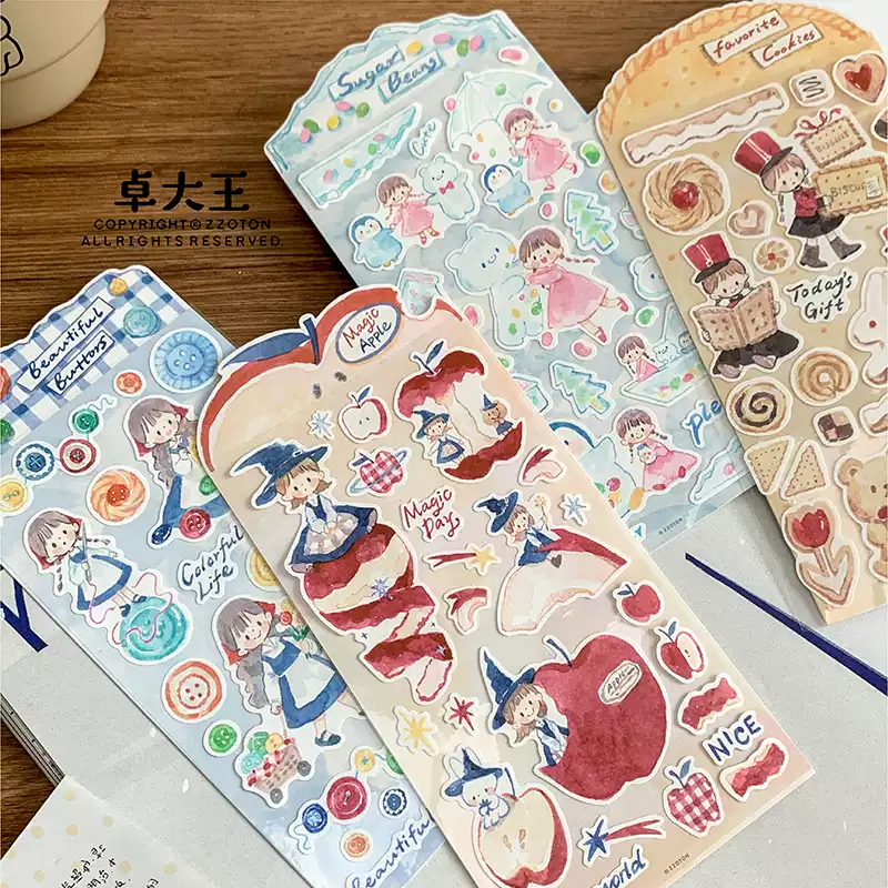 卓大王阿卓手绘贴纸苹果曲奇纽扣糖豆日系文艺女孩手帐拼贴装饰