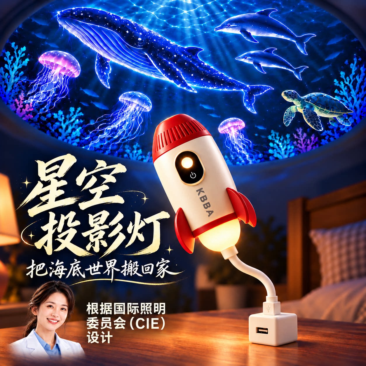 星空小夜灯投影灯儿童声控发光卧室睡眠灯USB床头台灯玩具礼物3-6