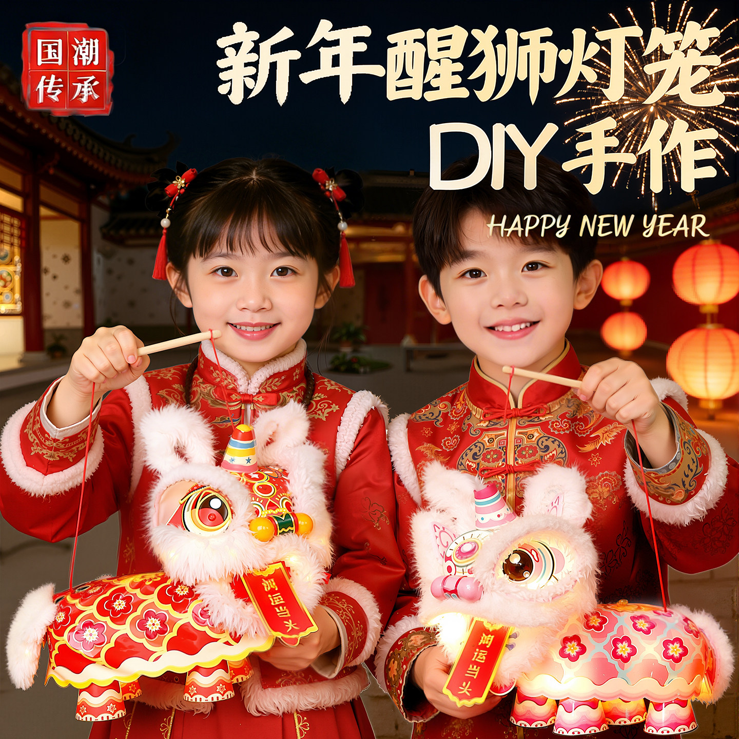 醒狮灯笼手工diy材料包2026新款春节元宵新年舞狮国潮小狮子花灯,玩具/童车/益智/积木/模型,手工创意粘贴类,淘宝优惠券,粉丝福利购,淘宝优惠卷