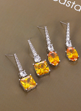 长款轻奢椭圆水晶锆石黄钻耳坠高级感气质简约ins风方钻潮耳环女