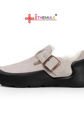 THEMULE勃肯鞋女大头鞋厚底丑萌棉鞋一脚蹬休闲鞋冬季羊皮毛一体