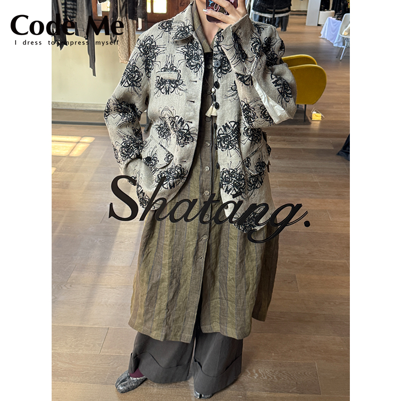 heos花朵印花棉麻外套