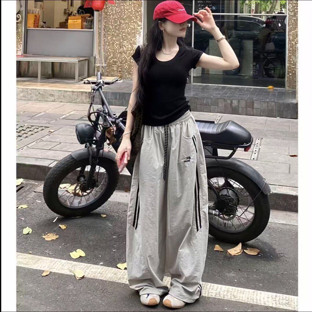 夏季速干侧条阔腿伞兵裤女显瘦