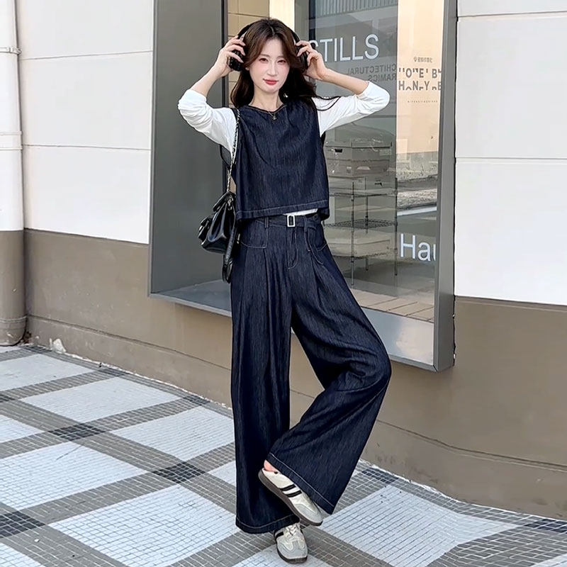 巨好看的春季三件套牛仔马甲背心阔腿裤套装2026新款今年流行爆款