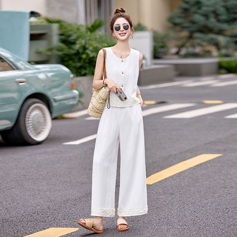 夏天无袖上衣马甲阔腿裤套装女夏季高级感2026新款洋气时尚两件套