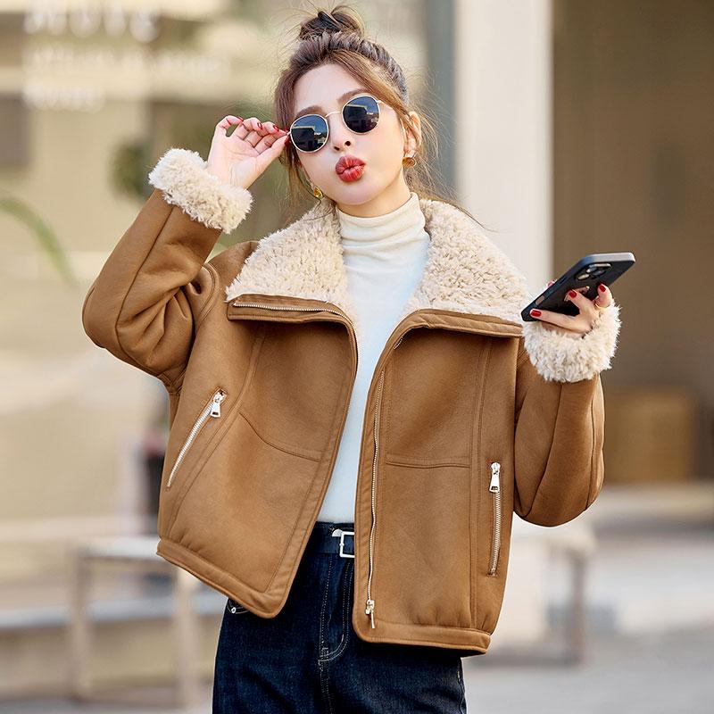 皮毛一体羊羔绒棉衣外套冬季短款