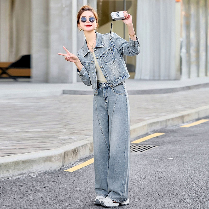 春装烫钻牛仔套装外套阔腿裤两件套女2026新款今年流行爆款高级感