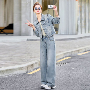 春装烫钻牛仔套装外套阔腿裤两件套女2026新款今年流行爆款高级感