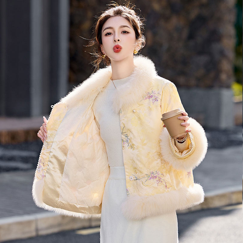 2025超火中国风羽绒服独特漂亮狐狸毛拼接提花刺绣女冬季短款外套,女装/女士精品,羽绒服,淘宝优惠券,粉丝福利购,淘宝优惠卷
