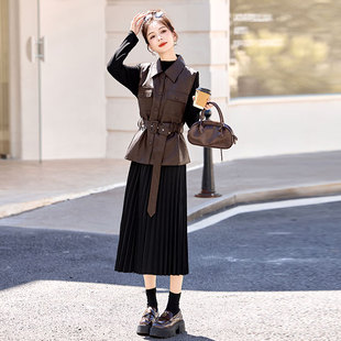 复古皮马甲外套配连衣裙时尚套装女春季穿搭一整套高级感洋气减龄