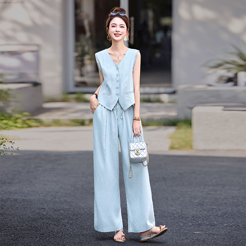 巨好看的夏装天丝亚麻一整套西装马甲阔腿裤无袖套装夏女2025新款