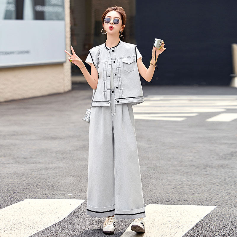夏季牛仔马甲阔腿裤套装女装2026新款超火夏装一整套今年流行爆款