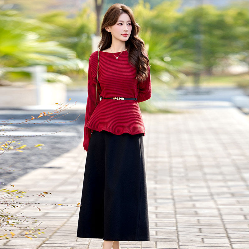 红色针织上衣配半身长裙两件套装裙女春装2026新款超火穿搭一整套