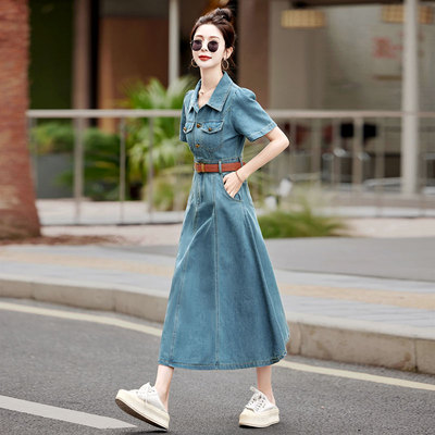 复古牛仔蓝连衣裙长款显瘦