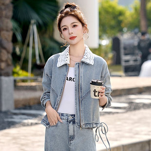 蕾丝翻领拼接牛仔外套短款春装女款2026年新款今年流行爆款小个子