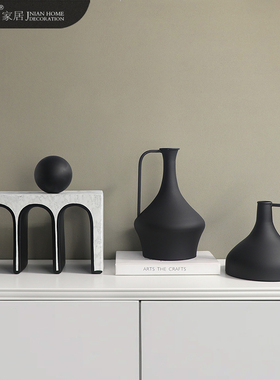 侘寂风铁艺金属带把手黑色花器拱门摆件客厅玄关电视柜装饰品摆设