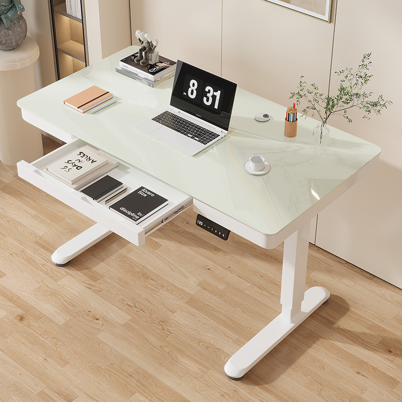 智能电动升降桌带抽屉钢化玻璃书桌学习写字桌电脑桌自动办公桌子