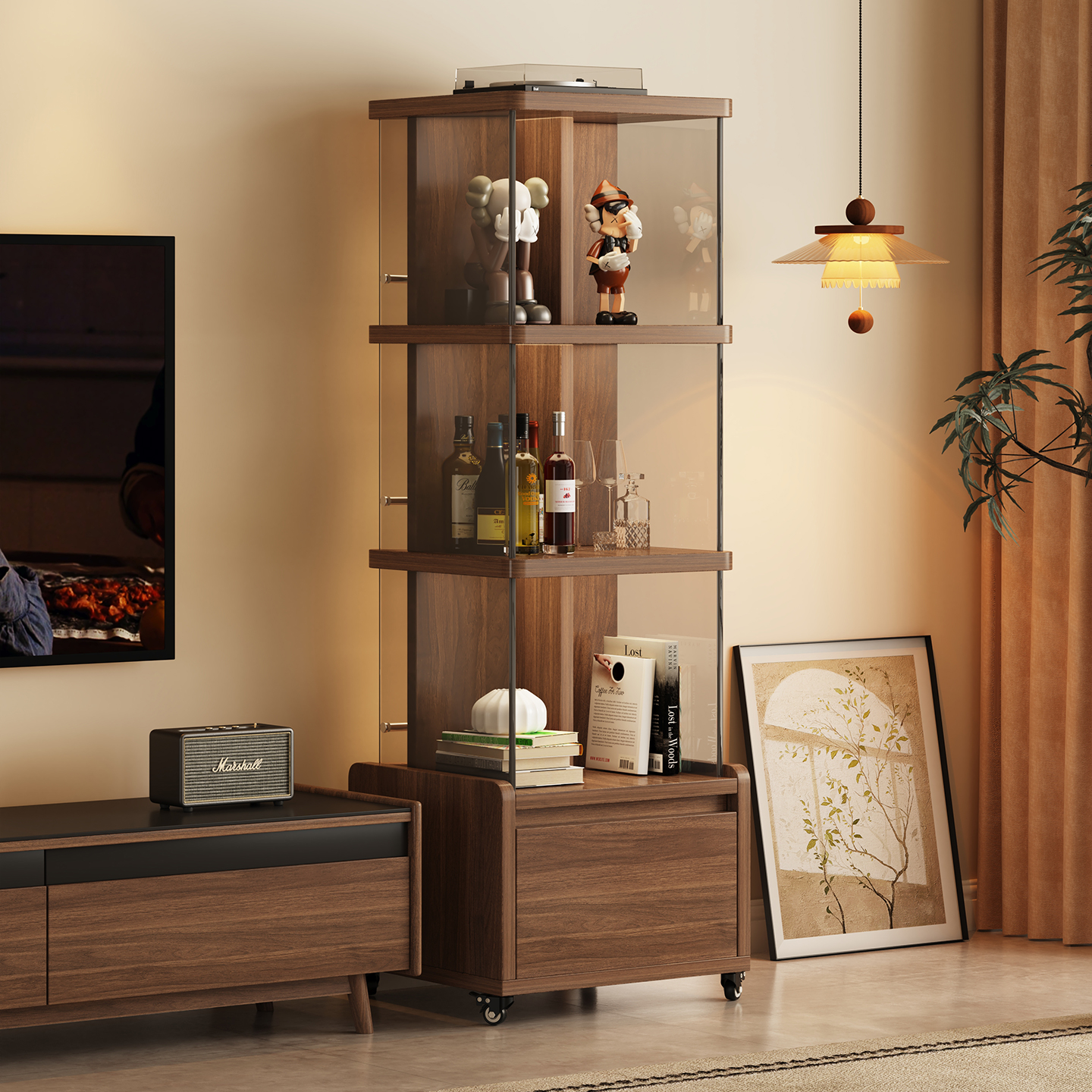 实木书柜落地置物架客厅手办玻璃展示柜一体靠墙移动收纳储物痛柜