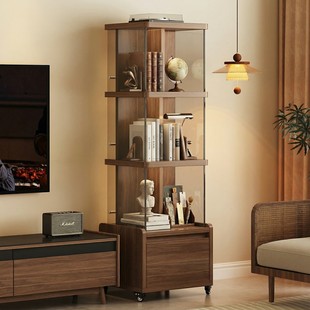 实木书柜落地置物架客厅手办玻璃展示柜一体靠墙移动收纳储物痛柜