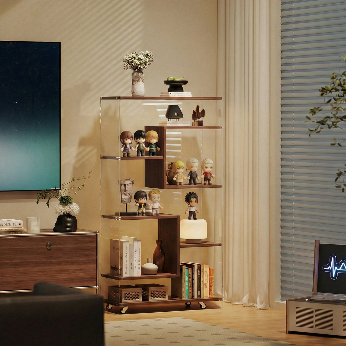 实木可移动置物架亚克力落地多层展示柜客厅书房转角落地收纳书架