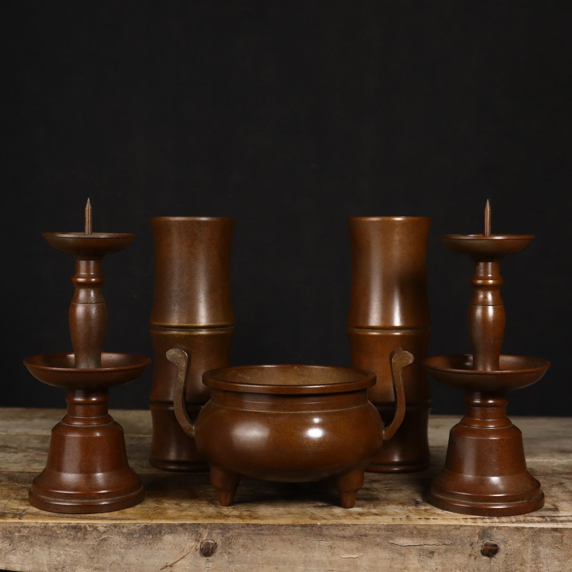 纯铜五供摆件佛具铜香炉紫铜烛台蜡台铜香筒桶一套家用佛堂用品