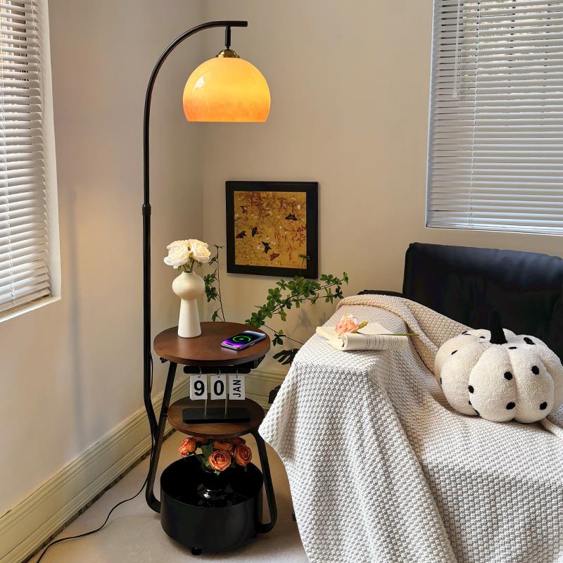 中古风钓鱼灯落地灯客厅沙发旁高级感卧室床头柜置物充电一体台灯