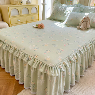100全棉床裙单件加厚纯棉公主风花边防滑床罩套四季 通用遮丑下摆