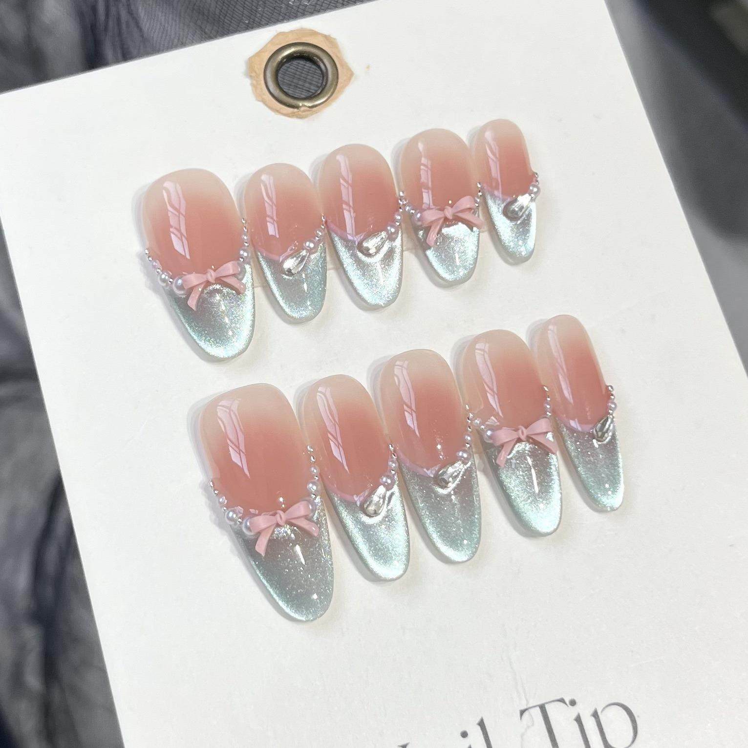 朵莉亚纯手工光疗穿戴甲轻奢腮红蓝猫眼法式少女立体蝴蝶结手工甲