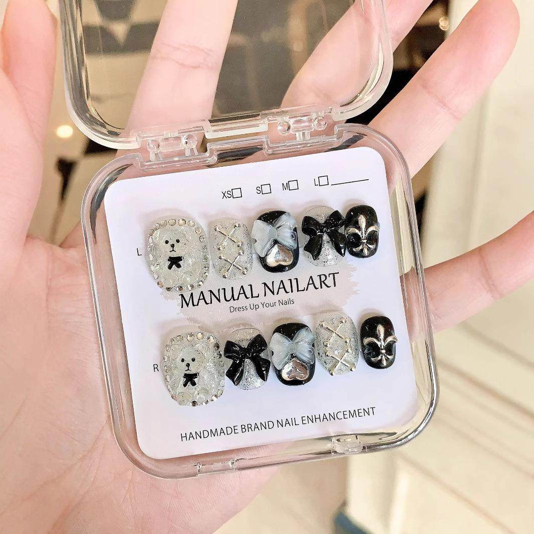 【原创实拍】纯手工穿戴甲新款网红蝴蝶结黑白小熊美甲贴片成品甲,收纳整理,指甲油收纳盒,淘宝优惠券,粉丝福利购,淘宝优惠卷