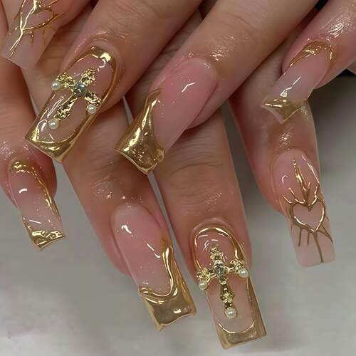 穿戴甲高级感显白金色鎏金条纹3D立体美甲press on nails甲片