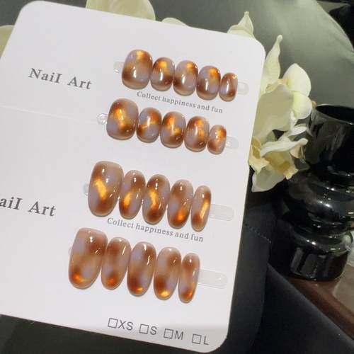 【琥珀碎金】温柔风奶杏琥珀晕染手绘棕调幻彩斑点通透裸粉穿戴甲