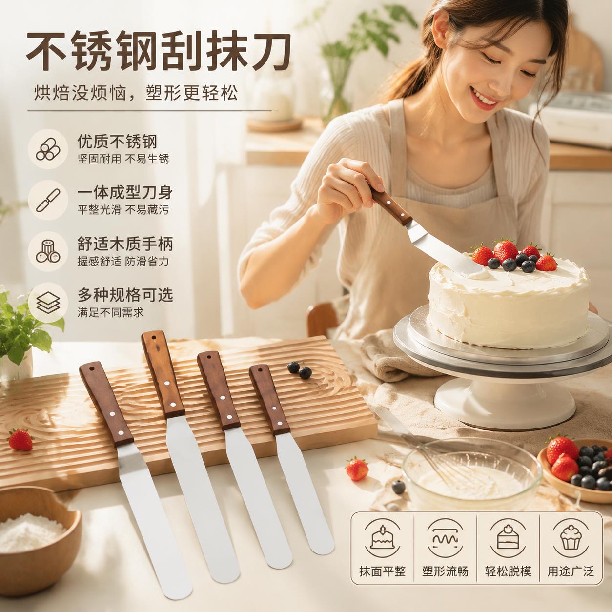 烘焙工具6寸8寸10寸木柄曲柄不锈钢奶油抹刀蛋糕吻刀裱花刀刮平刀