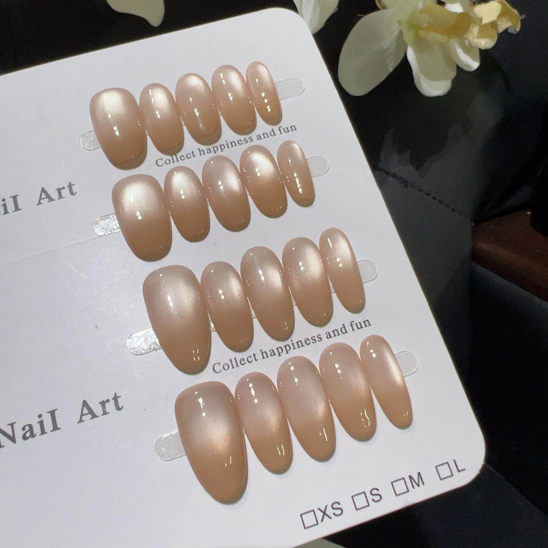 【浅茶琉璃】仙气精致温柔系浅裸色猫眼美甲贴片显白长款穿戴美甲