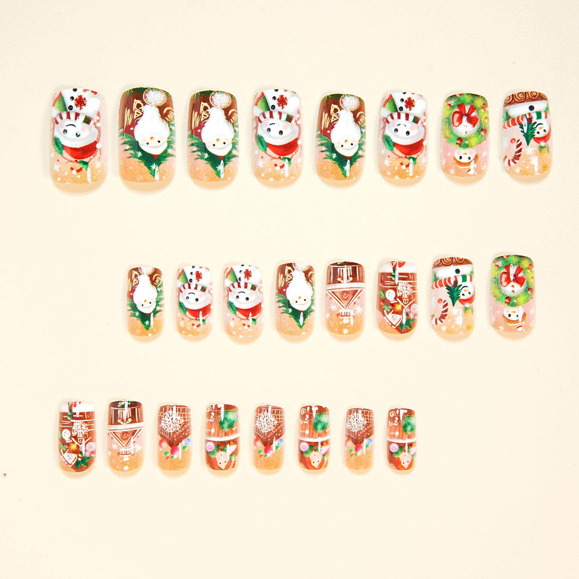 圣诞款欧美穿戴甲可爱甜美雪人雪花圣诞树图案美甲饰品假指甲贴片