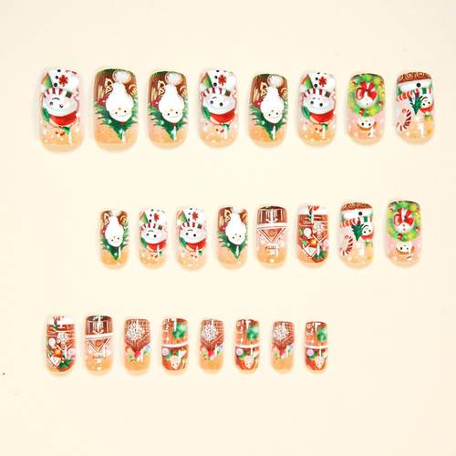 圣诞款欧美穿戴甲可爱甜美雪人雪花圣诞树图案美甲饰品假指甲贴片
