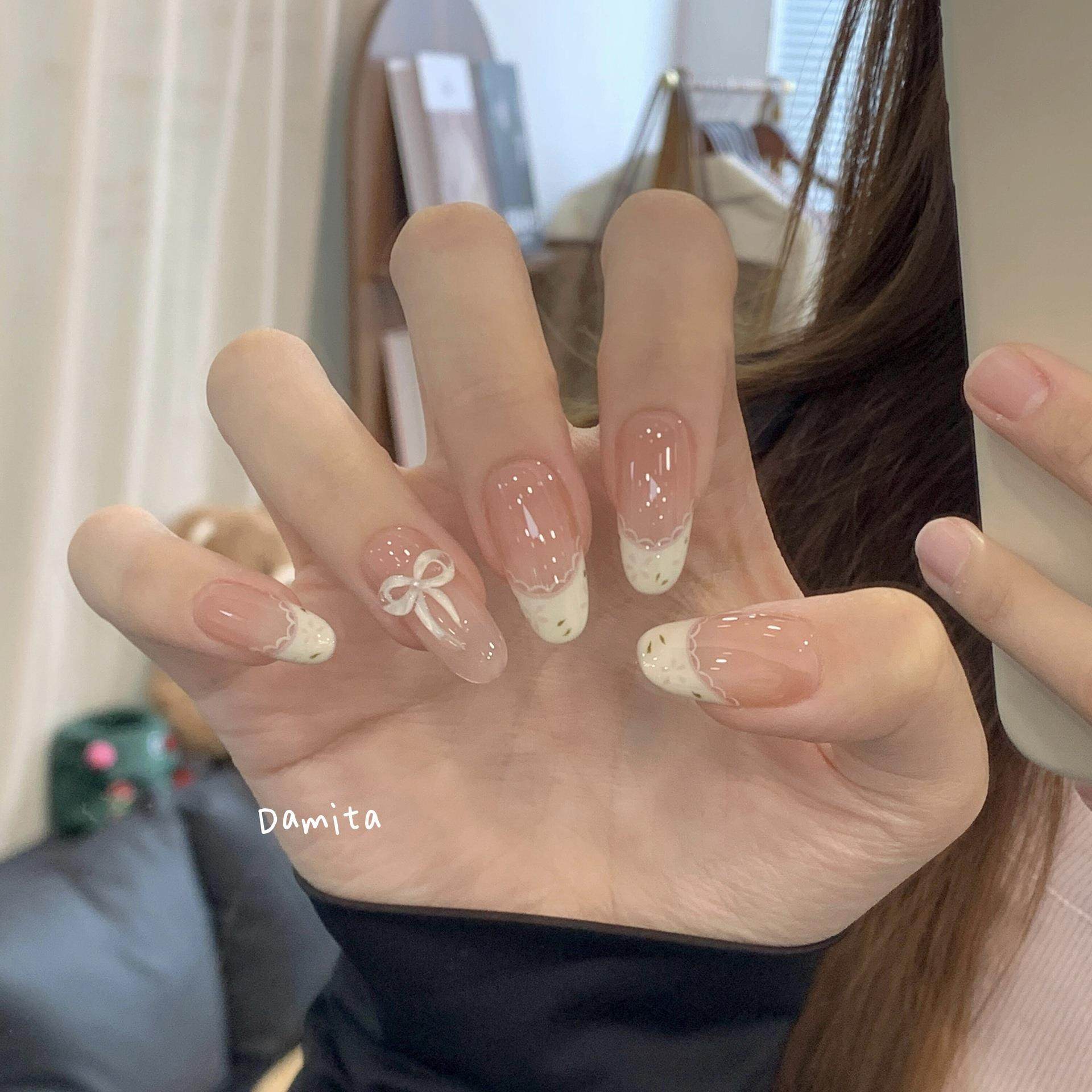 奶油碎花穿戴甲法式贴片温柔显白ins蝴蝶结可拆卸手工甲学生美甲,收纳整理,指甲油收纳盒,淘宝优惠券,粉丝福利购,淘宝优惠卷