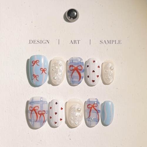 纯手工穿戴甲小红书爆款ins风手绘格子蝴蝶结可爱指甲片美甲