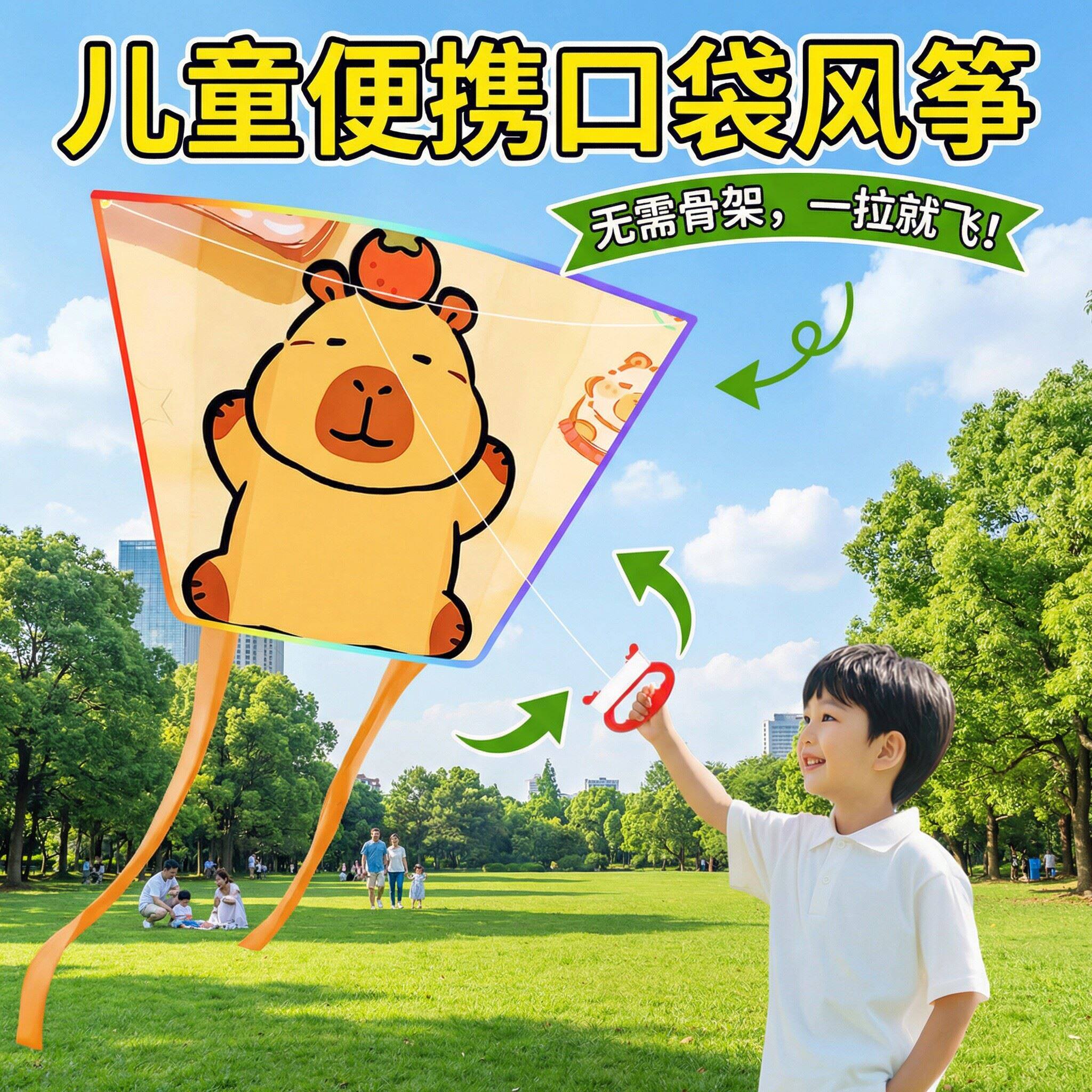 卡皮巴拉口袋风筝2026新款儿童微风易飞便携无骨手持动态男孩小号