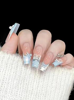手工美甲穿戴甲显白蓝色法式蕾丝花边蝴蝶结可拆卸指甲贴片清新