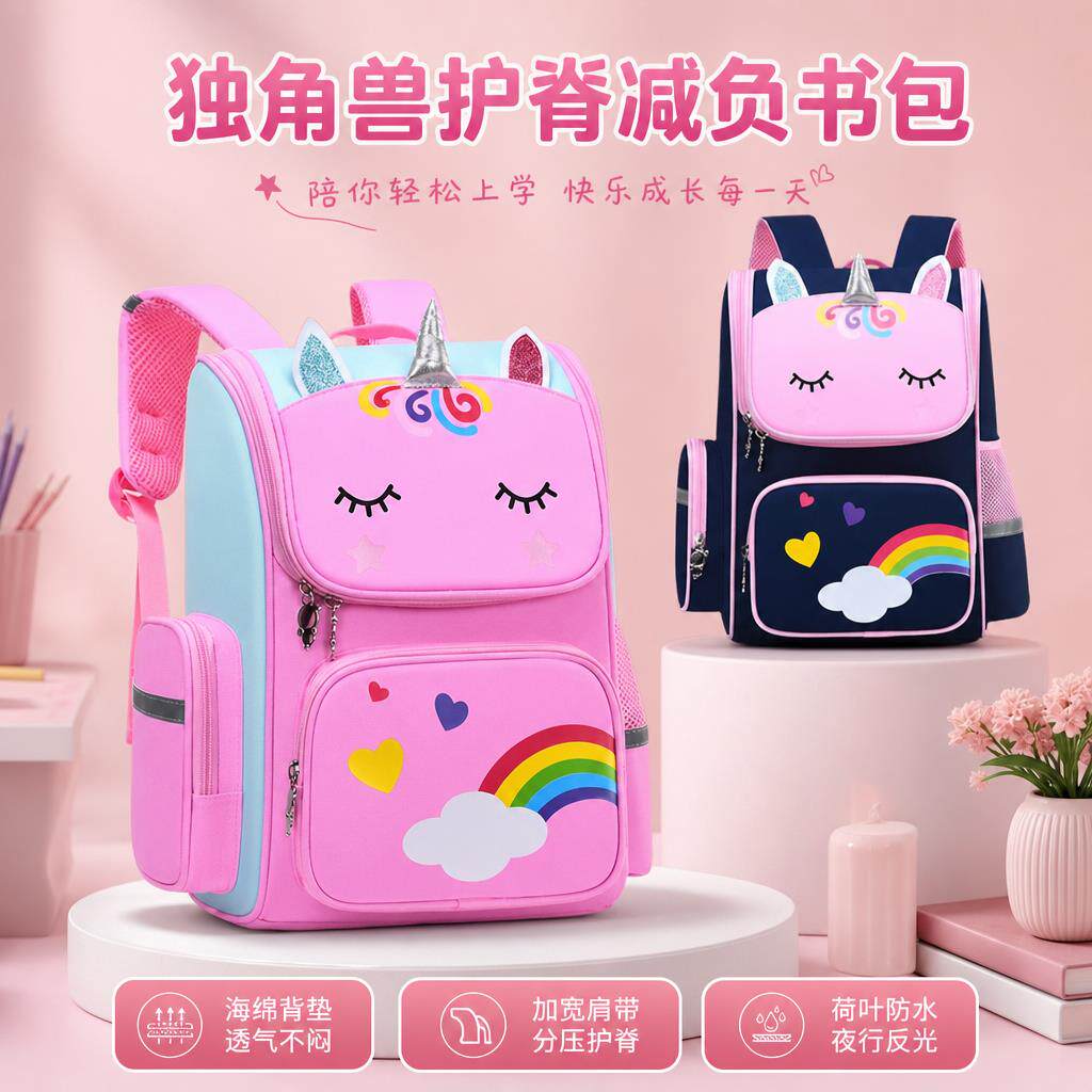 新款书包小学生男女孩1-6年级大容量双肩包儿童独角兽可爱背包袋护脊防水卡通牛津布学生书包小学生背包书包