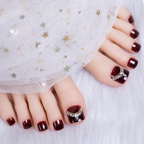 脚趾甲贴片穿戴甲美甲酒红镶钻美甲成品nails显白脚指甲贴片